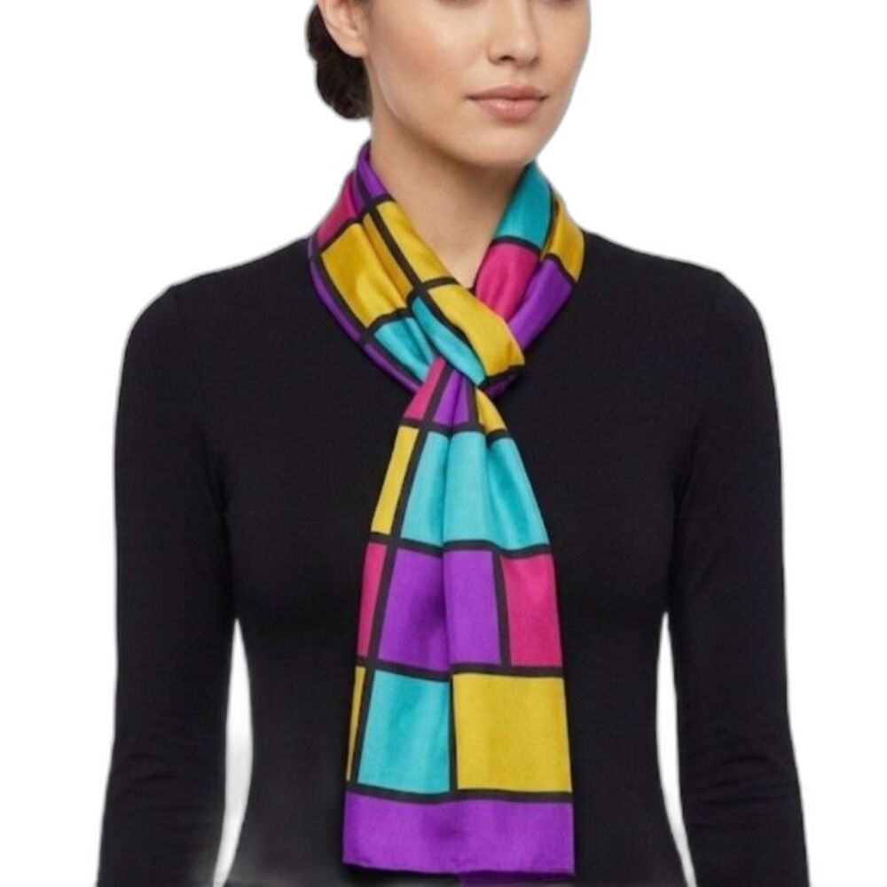 Color-Block Purple Multicolor Stained Glass Rectangular VTG 80s Silk Scarf